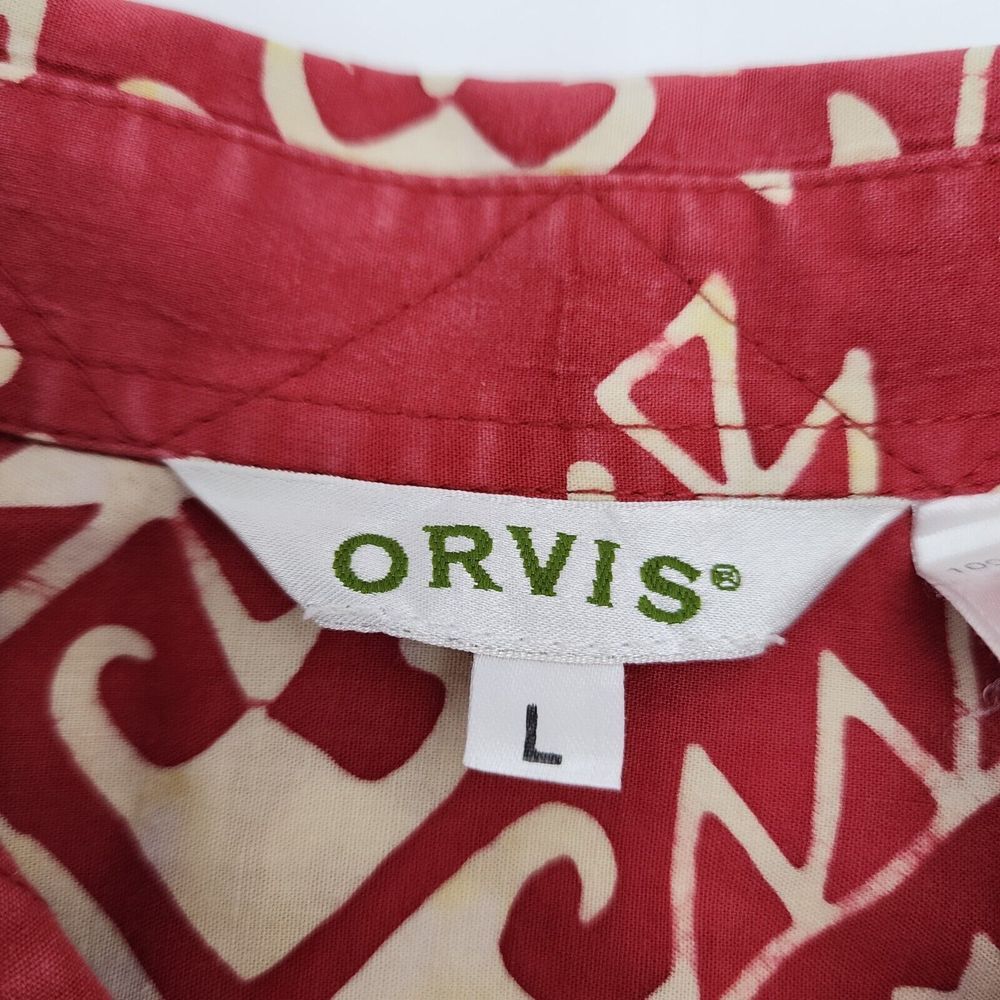 ORVIS Men's Red/Off White BATIK Print 100% Cotton Short Sleeve Button Up SHIRT L - Picture 4 of 8